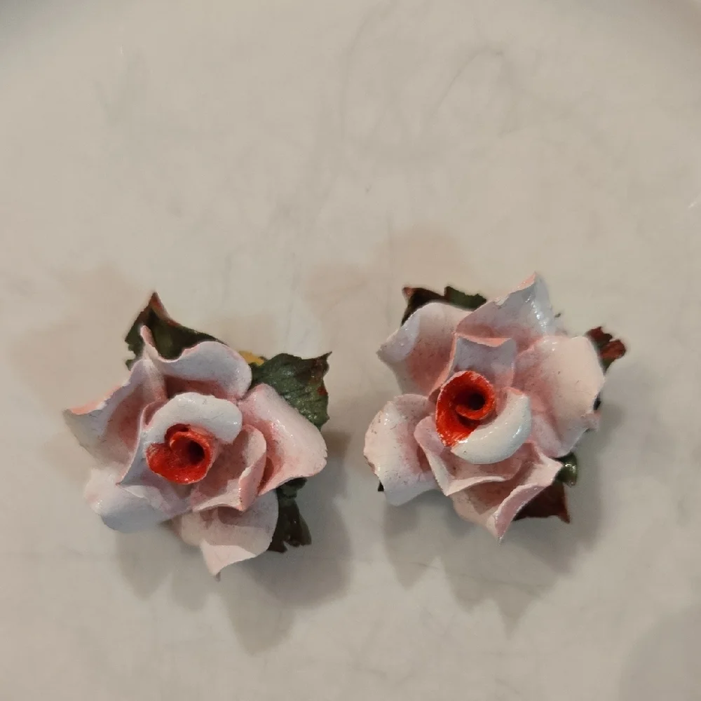 Vintage Rosette Clip Pink and Red Rose Earrings, Garden Party, Hamptons Chic - Picture 8 of 10